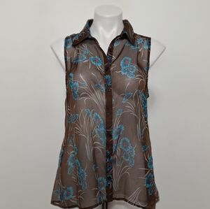 Cecico Sheer Brown Floral Academia Collared Button Down Hi-Lo Hem Top Size L